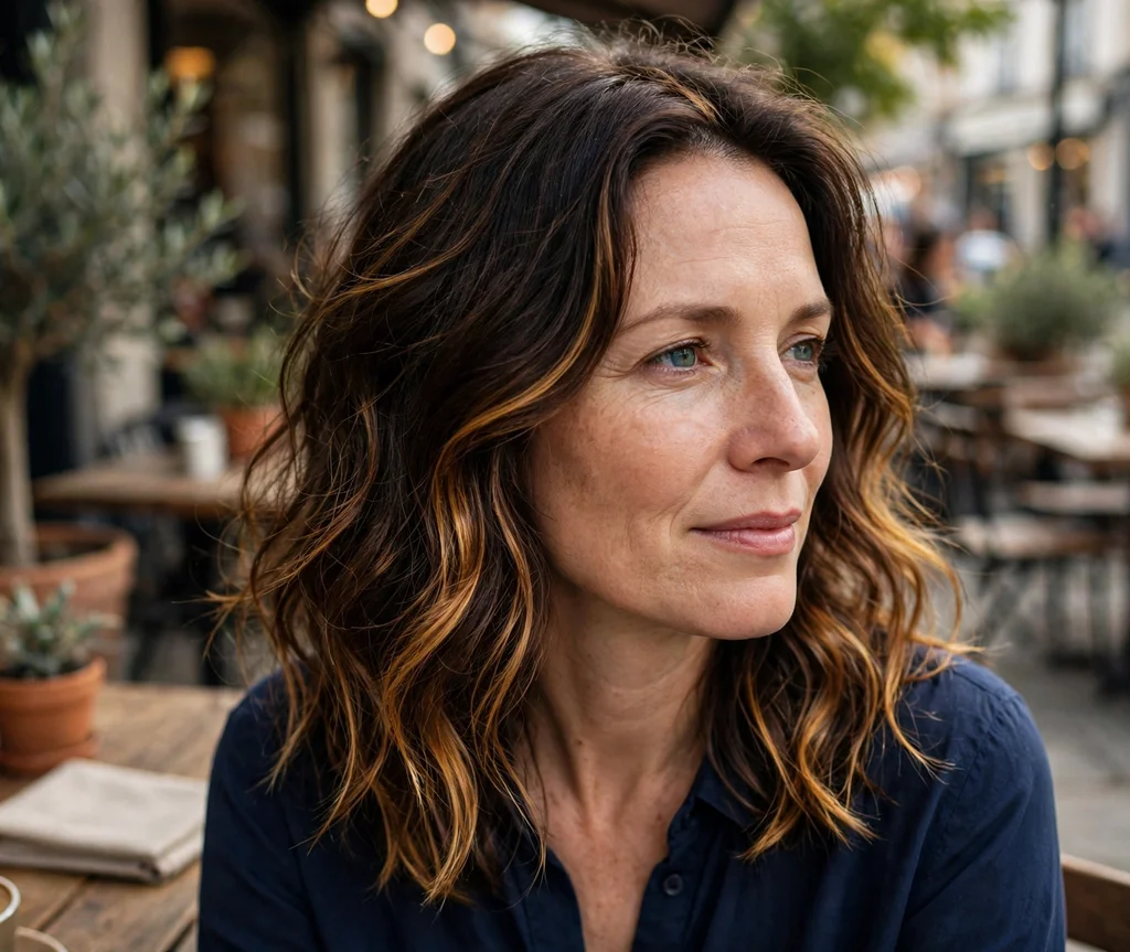 Woman with golden copper balayage on a cafe patio