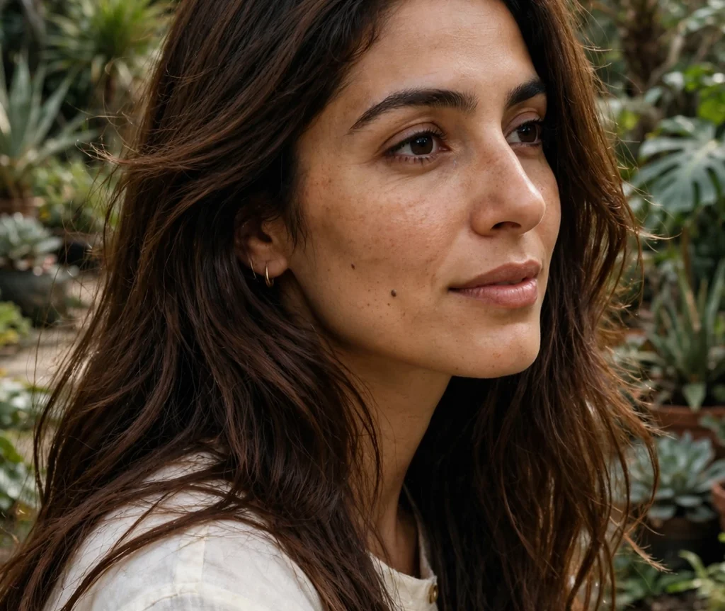 Woman with chestnut brown hair in a botanical garden