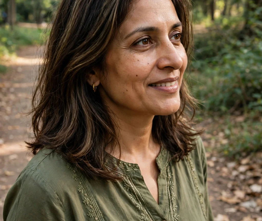 Woman with espresso hair with mocha highlights on a park trail