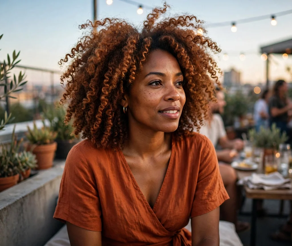 Woman with warm auburn coily hair at a rooftop party