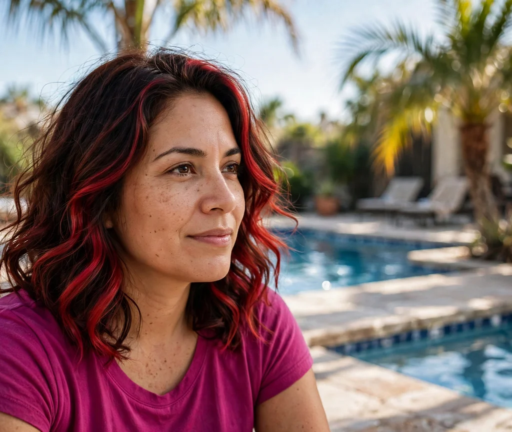 Woman with chocolate cherry balayage poolside
