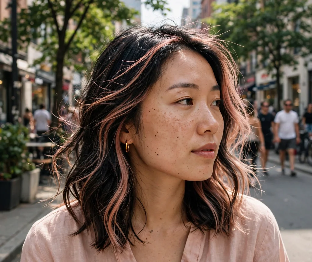 Woman with rose gold highlights on a city street