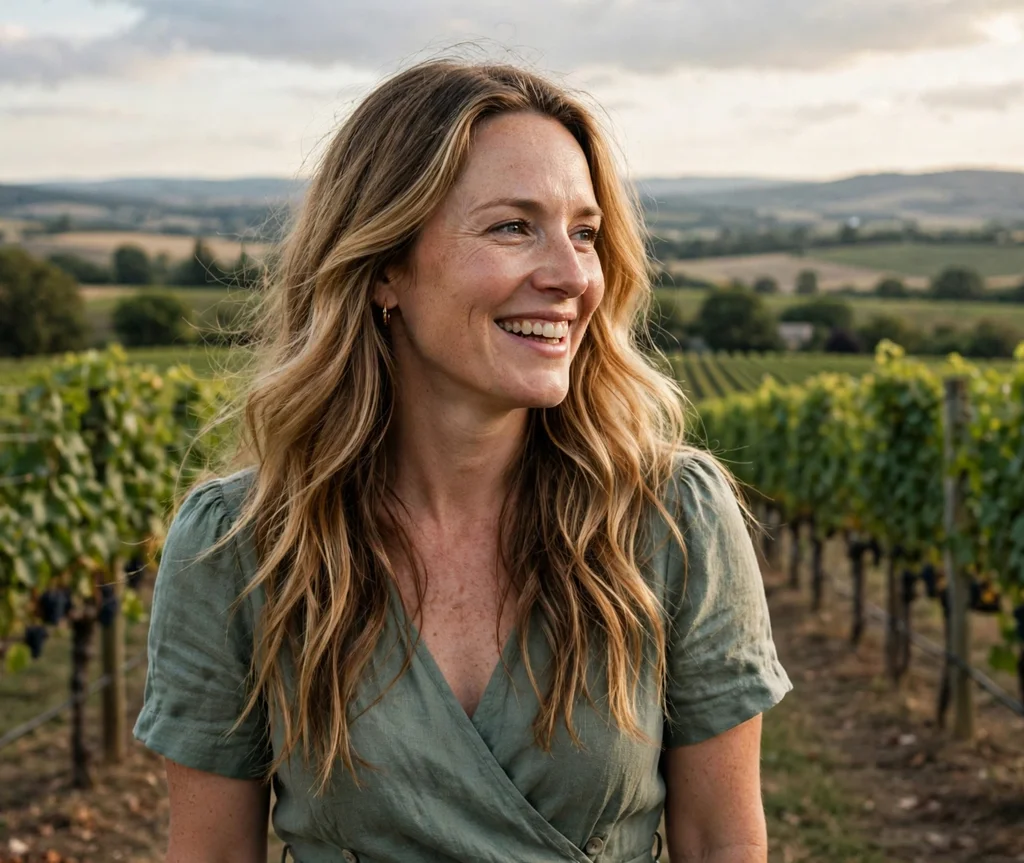 Woman with golden bronde waves in a vineyard