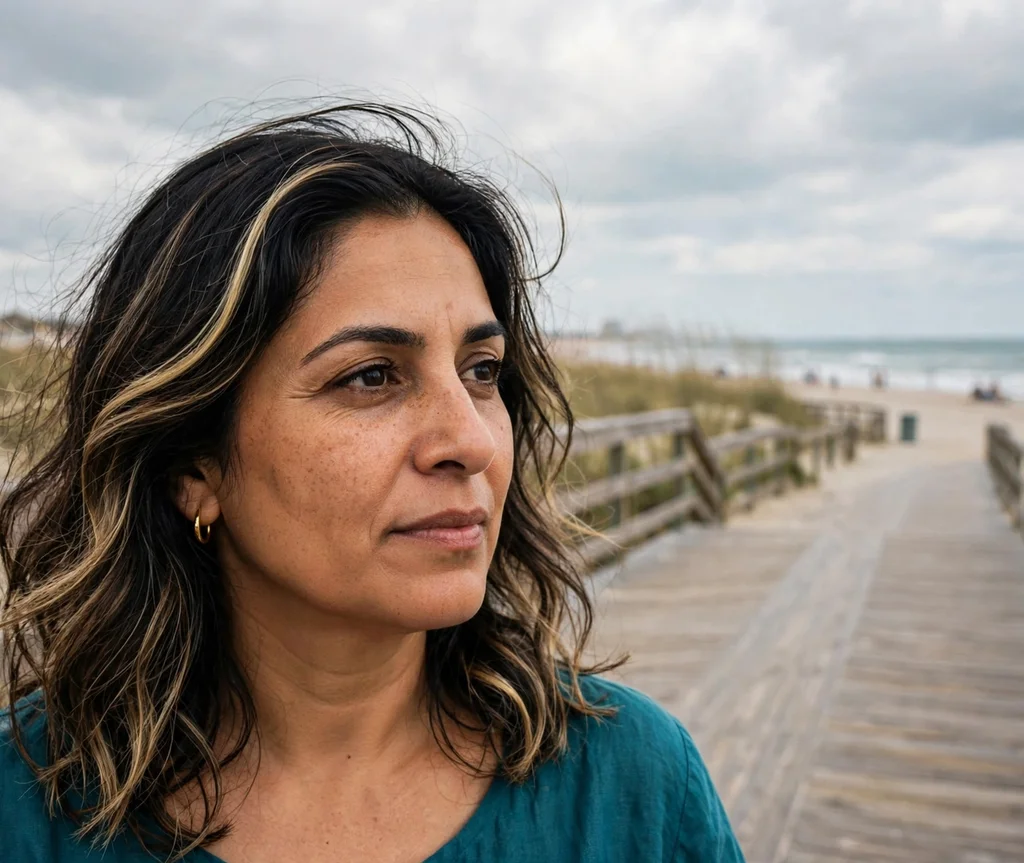 Woman with butterscotch highlights on a beach boardwalk