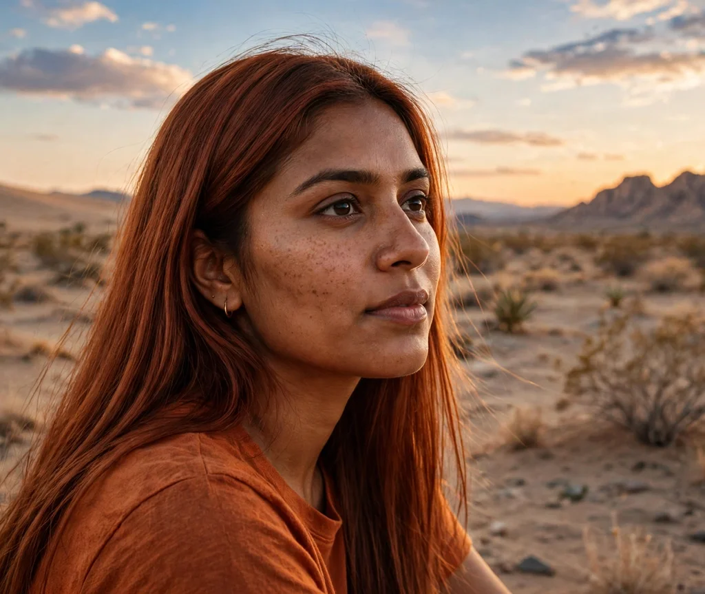 Woman with cinnamon spice colored hair in the desert at sunset