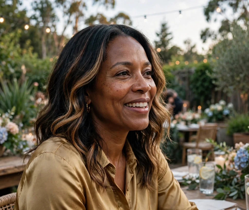 Woman with toffee balayage at a garden party