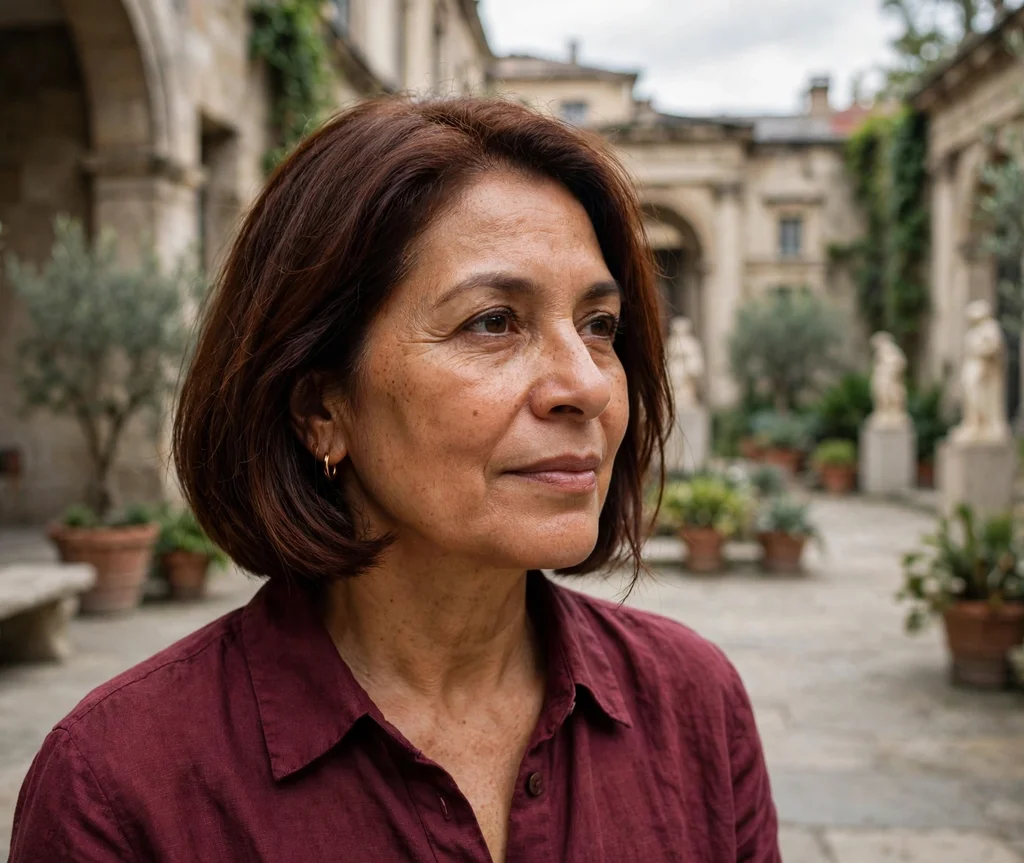 Woman with a mahogany brown bob in a museum courtyard
