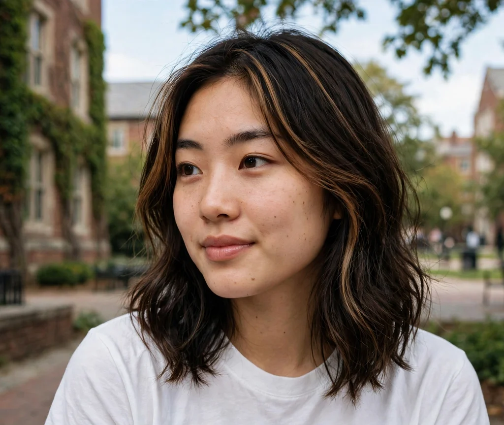 Woman with espresso hair and face-framing highlights on a college campus