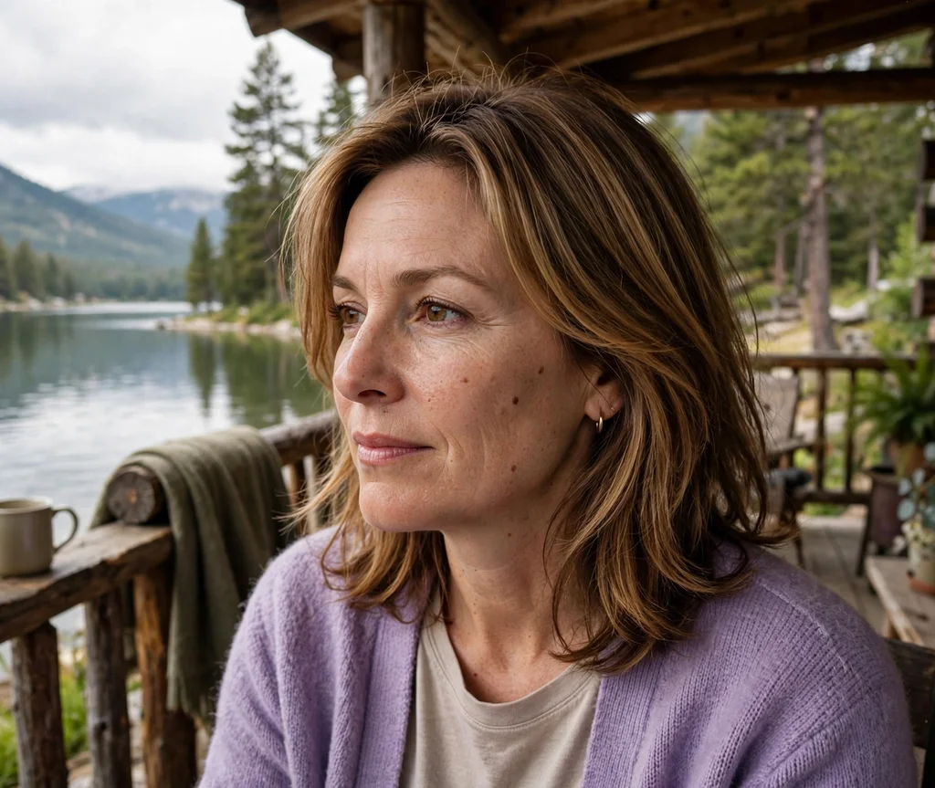 Woman with warm hazelnut hair on a lake cabin porch