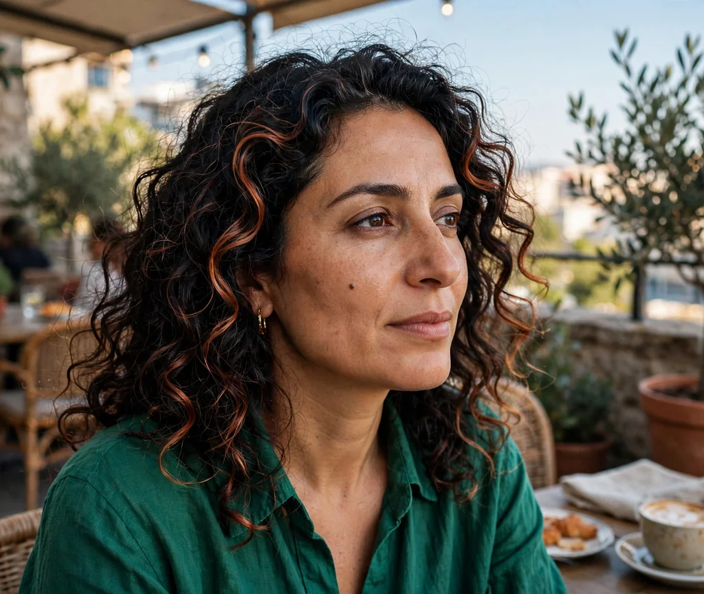 Woman with copper penny highlights at a terrace cafe