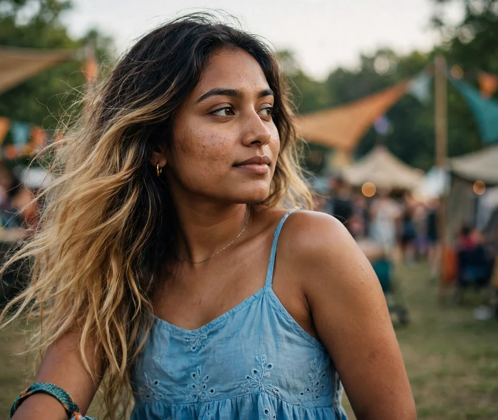 Woman with golden blonde ombre at a music festival