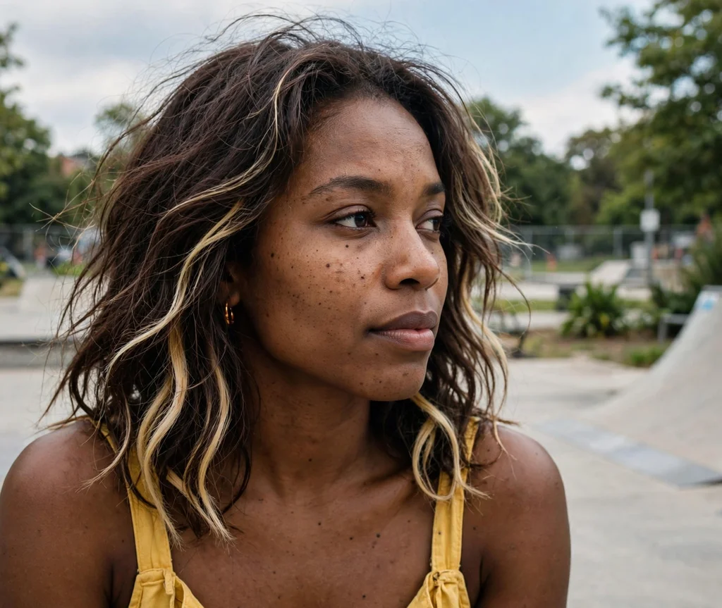 Woman with blonde peekaboo highlights at a skate park