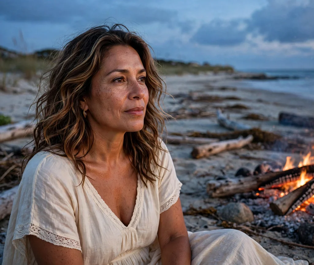 Woman with chocolate and caramel swirl hair at a beach bonfire
