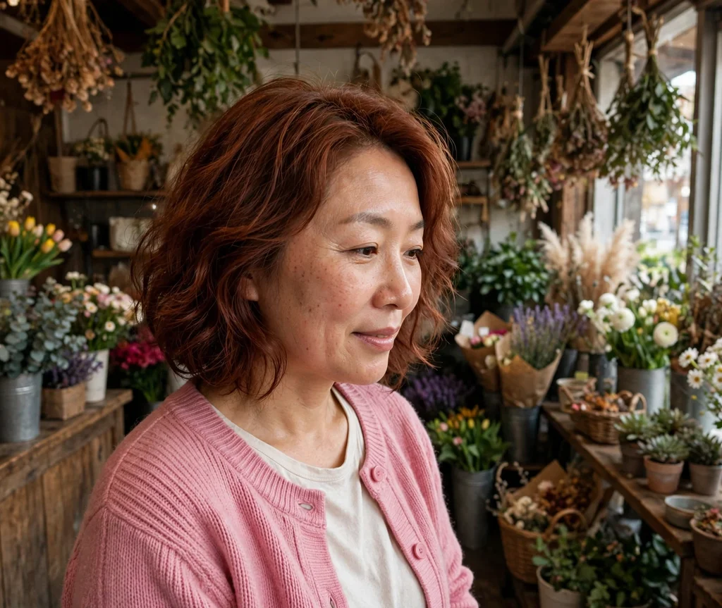 Woman with a strawberry brunette bob in a flower shop