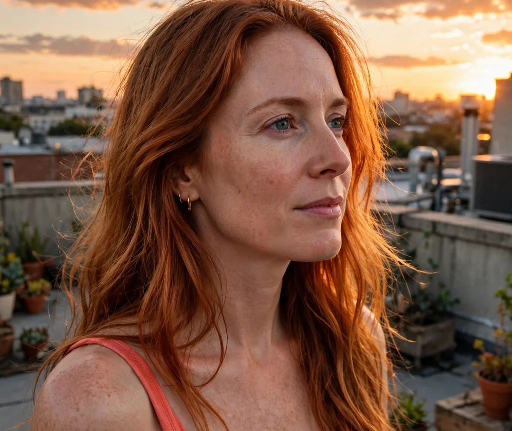Woman with sunset copper melt hair on a rooftop at sunset