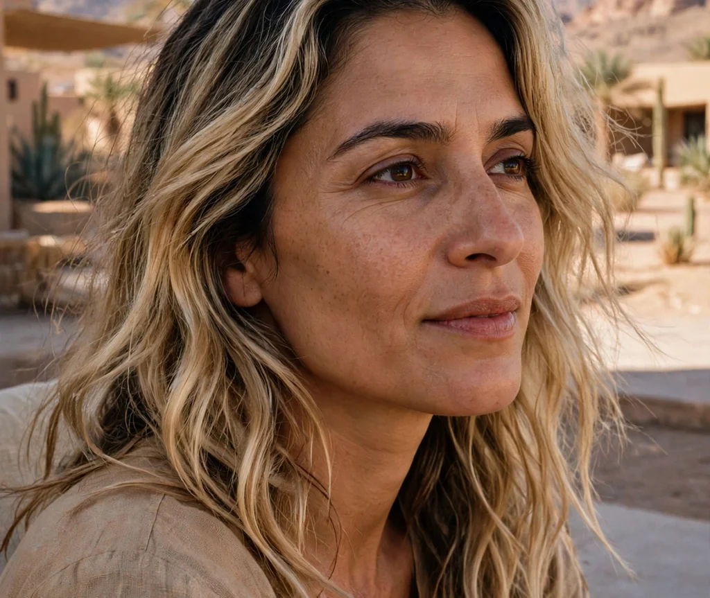 Woman with a dark root blonde melt at a desert resort