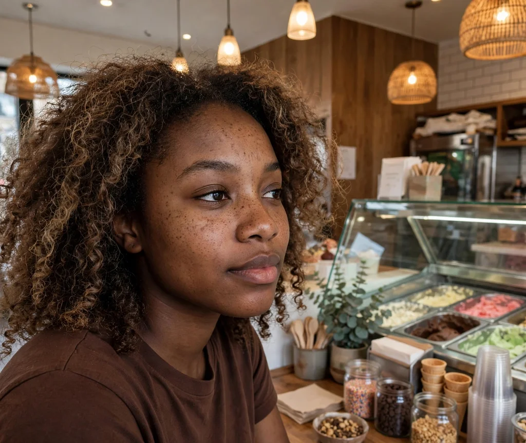 Woman with mocha latte brown hair in an ice cream shop