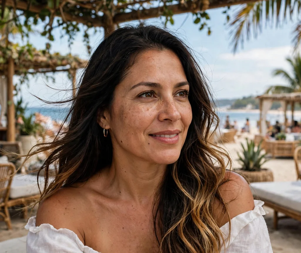 Woman with iced caramel tips at a beach club