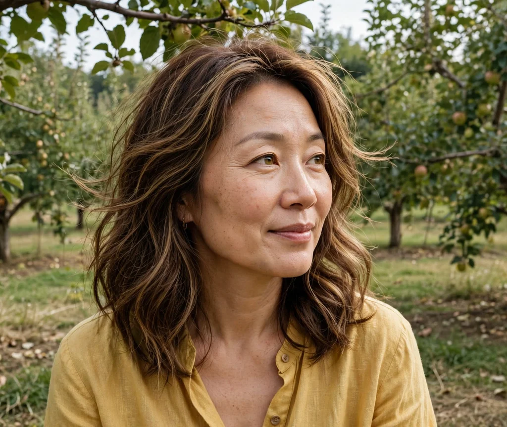 Woman with gold babylights in an orchard