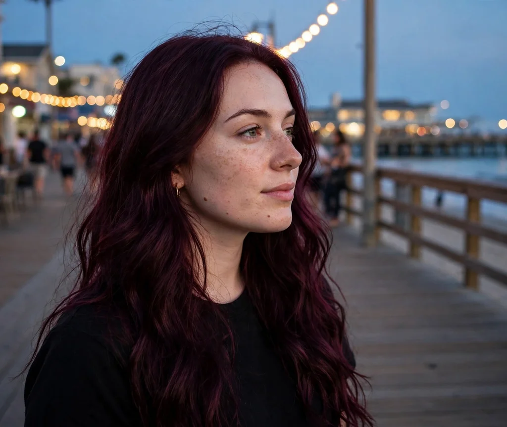 Woman with deep burgundy plum waves on an evening boardwalk