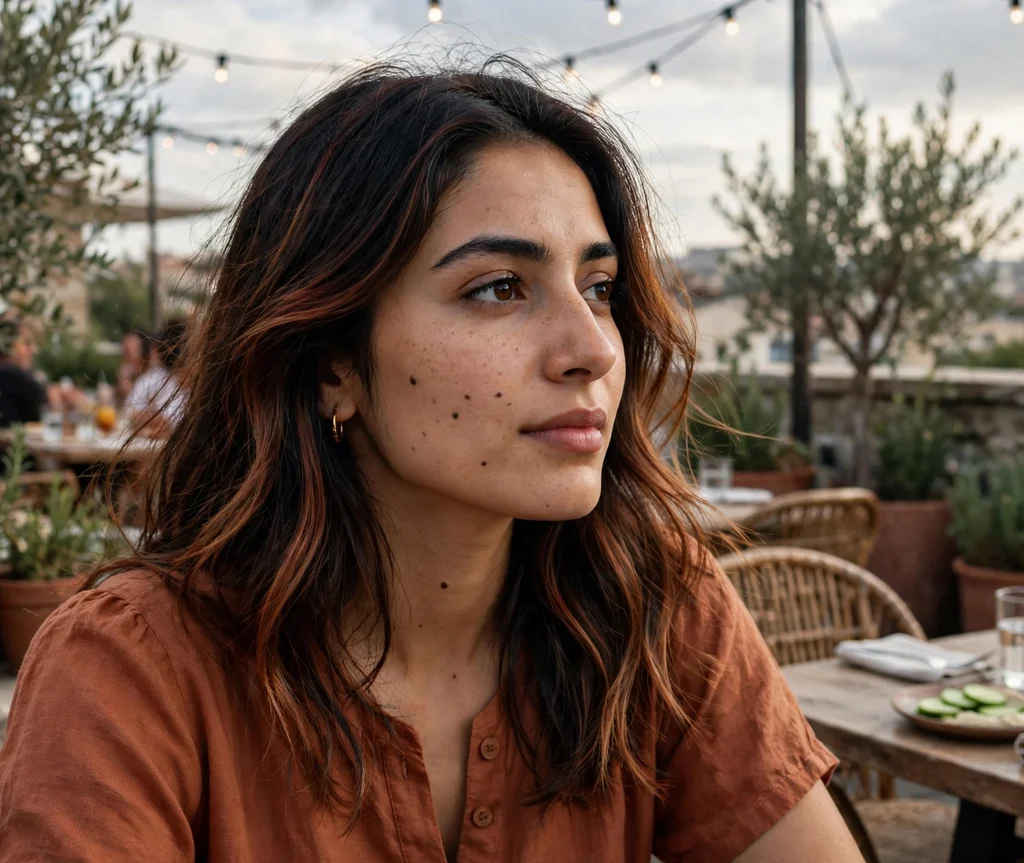 Woman with terracotta balayage at a rooftop restaurant
