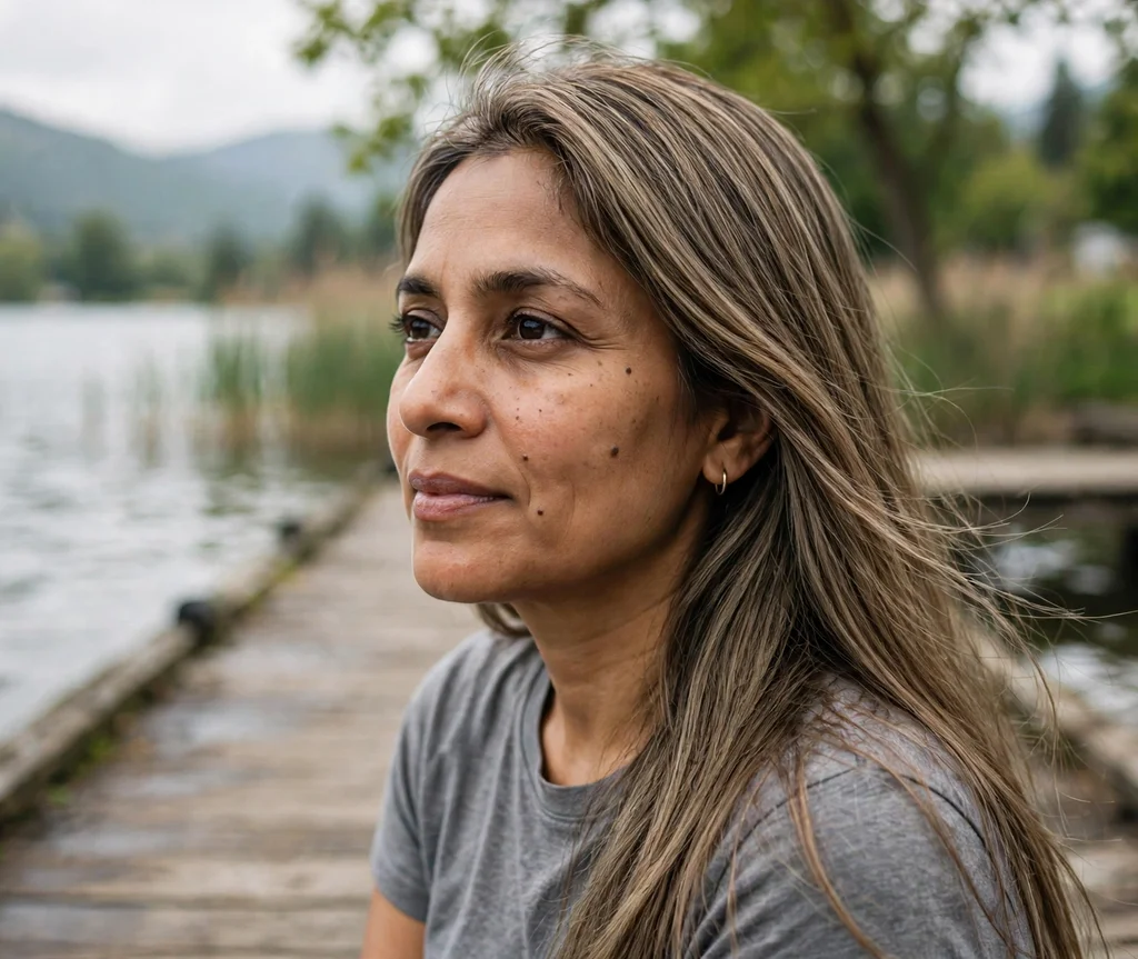 Woman with honeyed ash brown hair on a lakeside pier