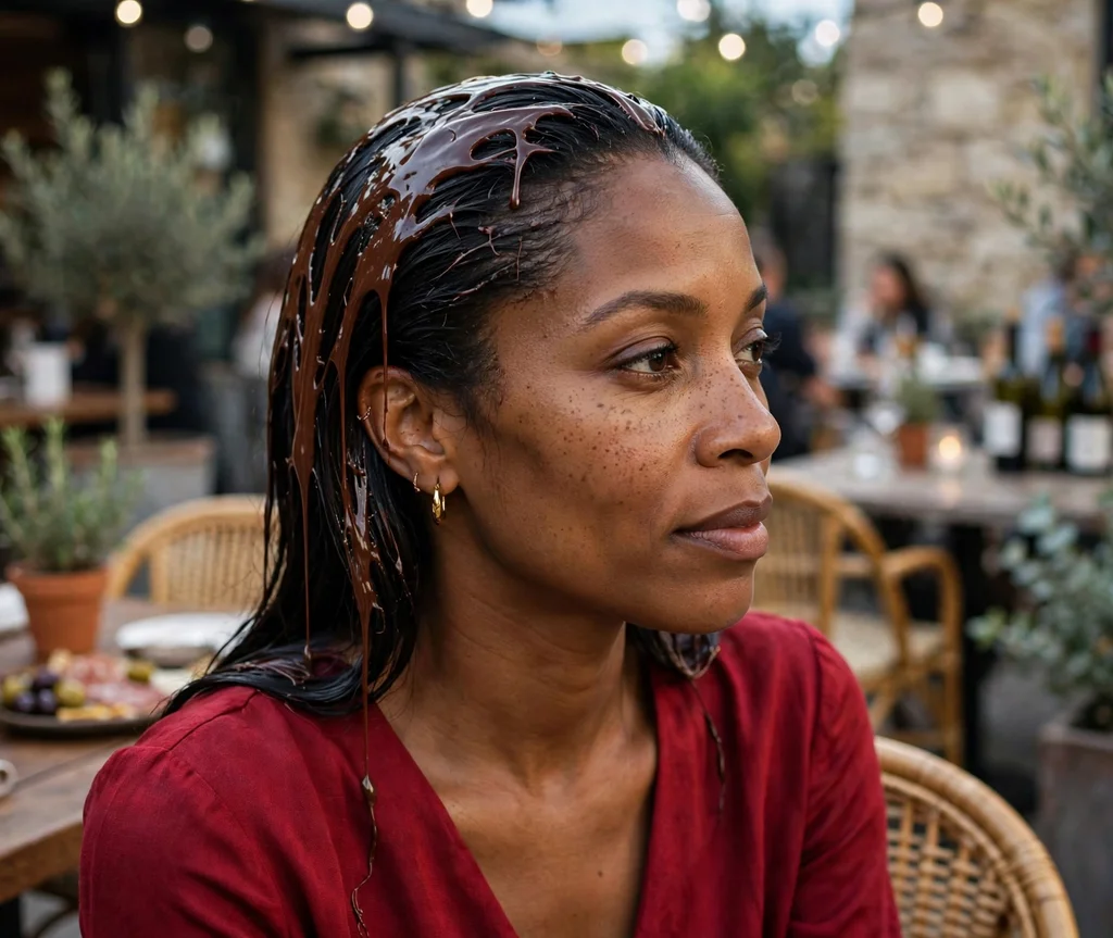 Woman with glossy chocolate melt hair on a wine bar patio