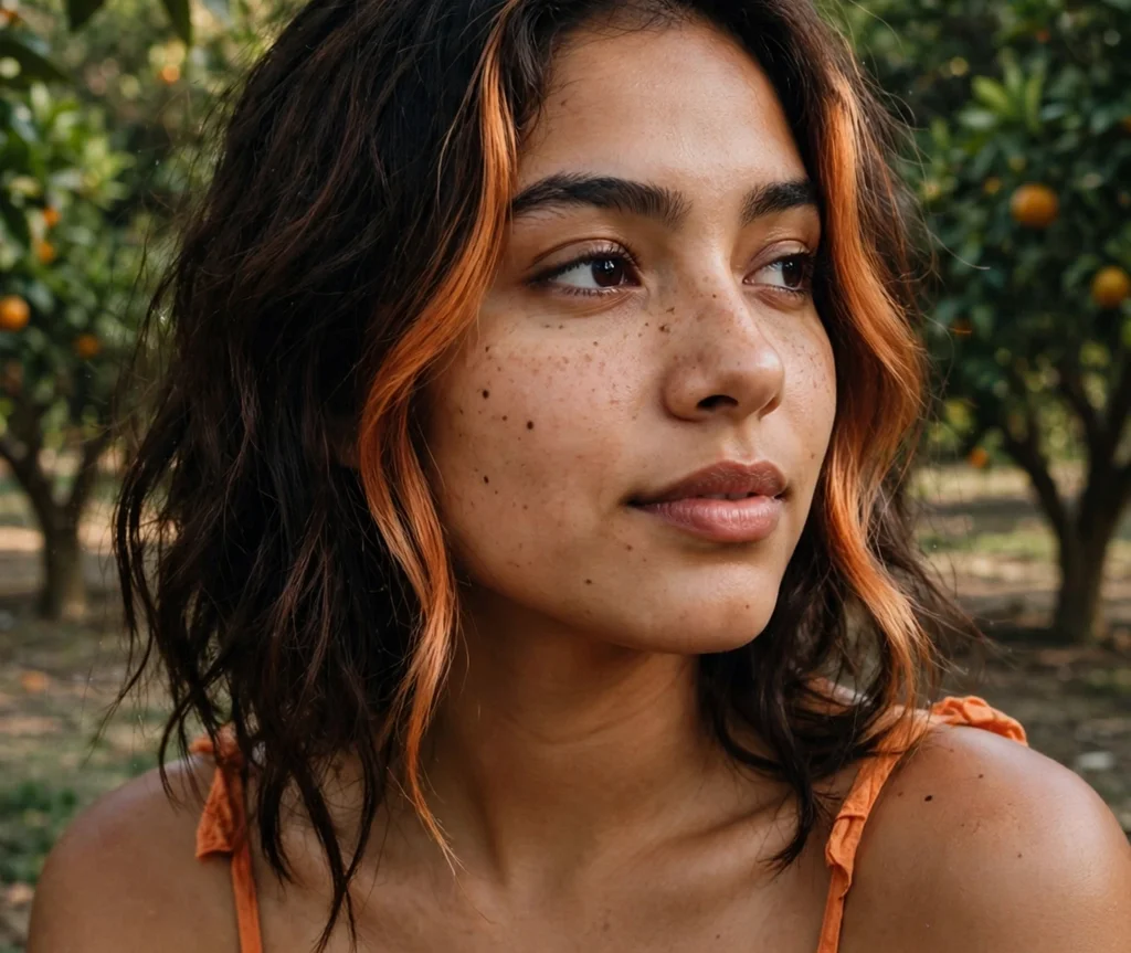 Woman with a copper money piece in a citrus grove
