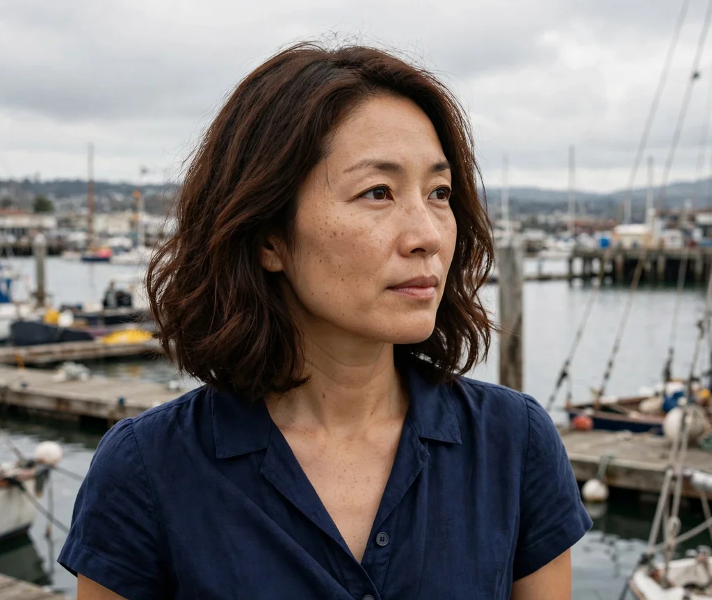 Woman with a rich walnut brown lob at a harbor
