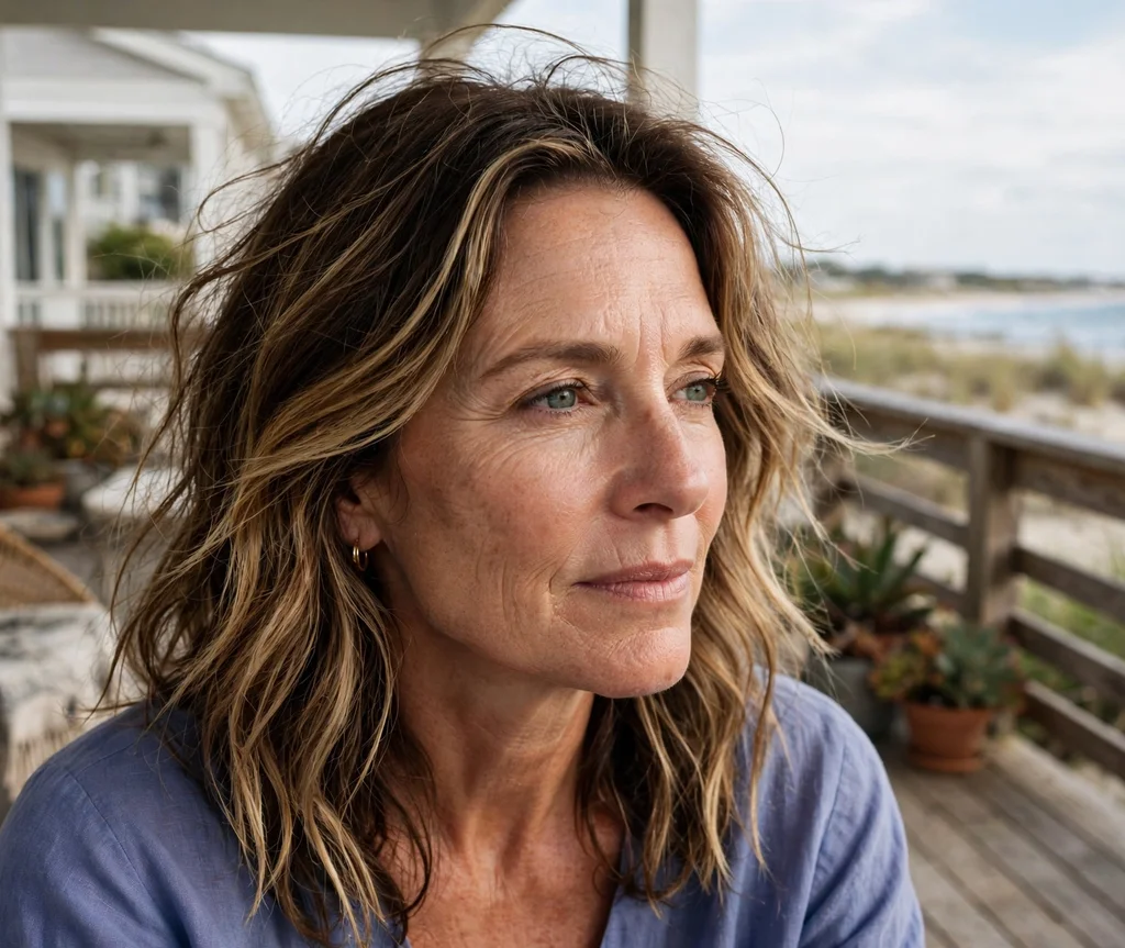 Woman with sun-kissed brunette balayage on a beach house deck