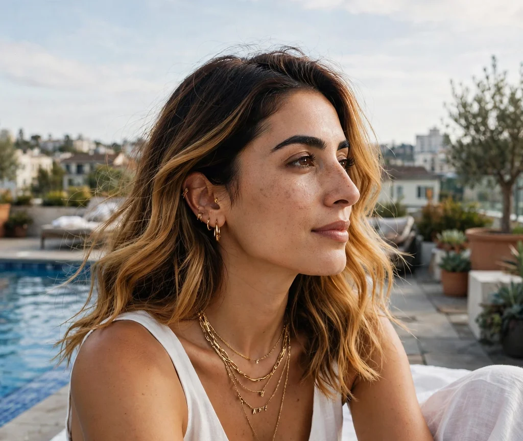 Woman with golden caramel ombre at a rooftop pool