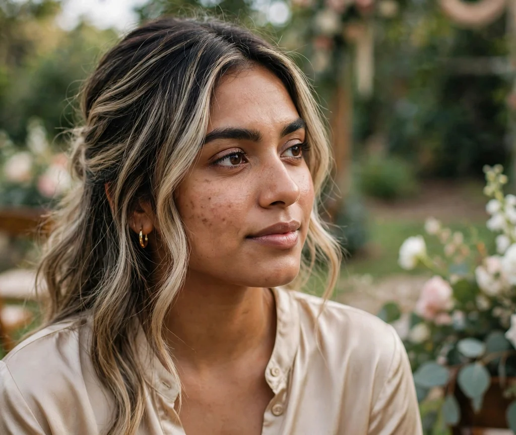 Woman with espresso and champagne blend hair at a garden wedding