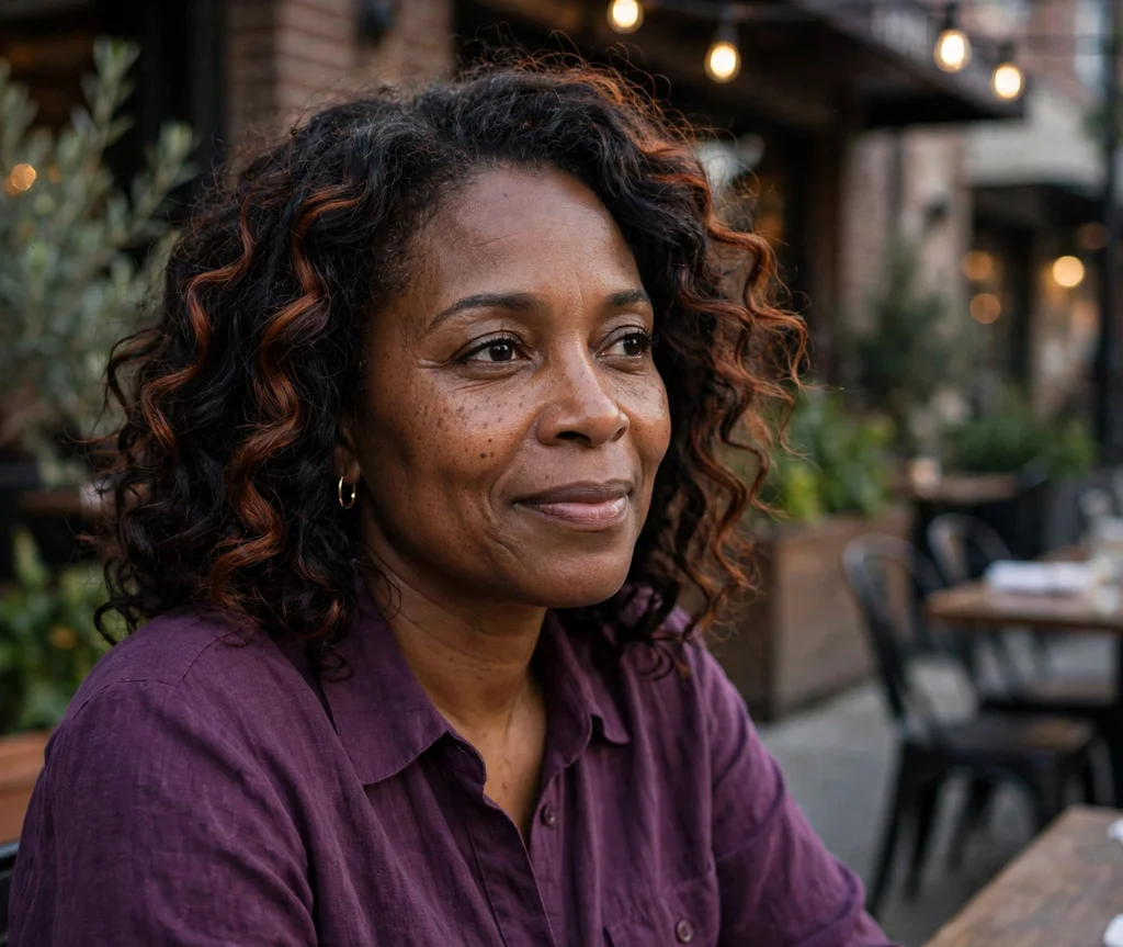 Woman with auburn cherry cola curls on a jazz club patio
