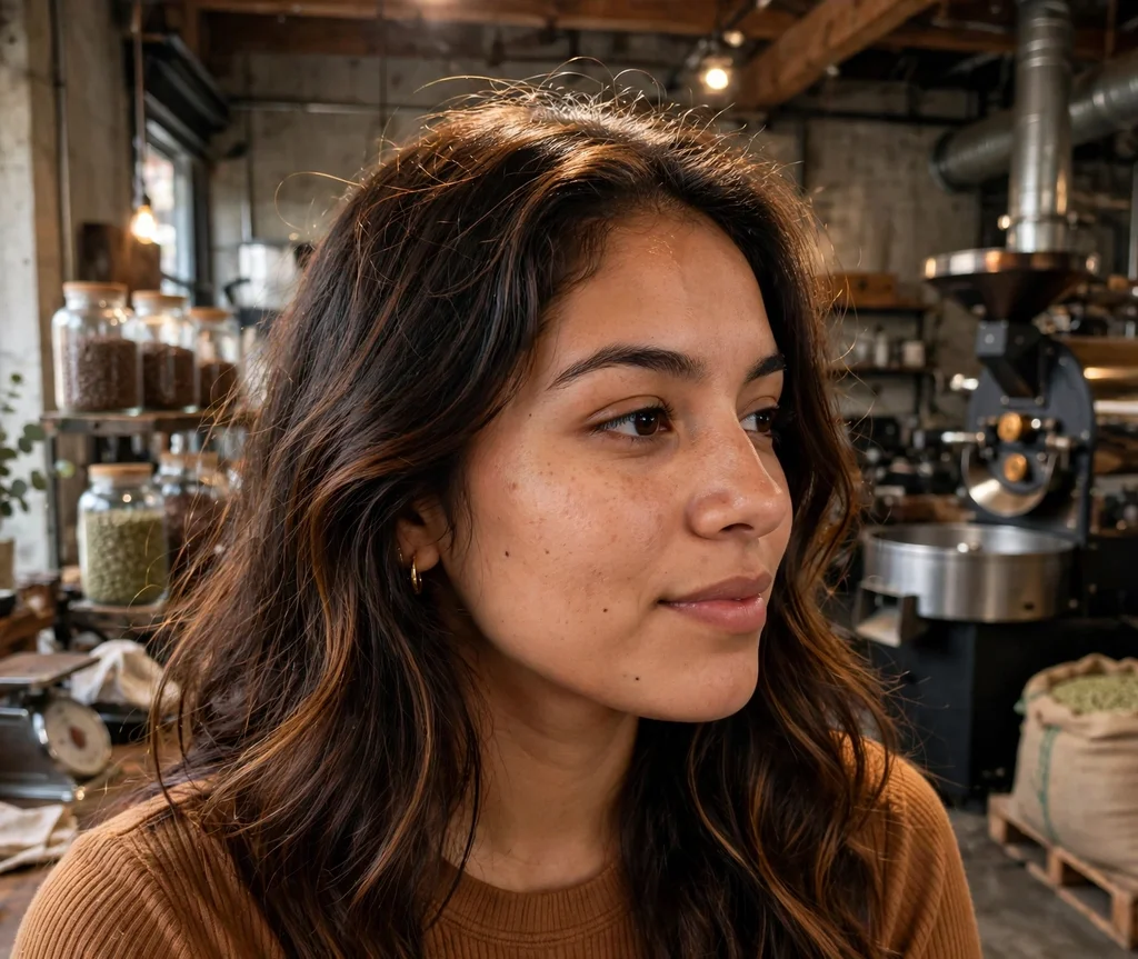 Woman with warm chestnut babylights at a coffee roastery