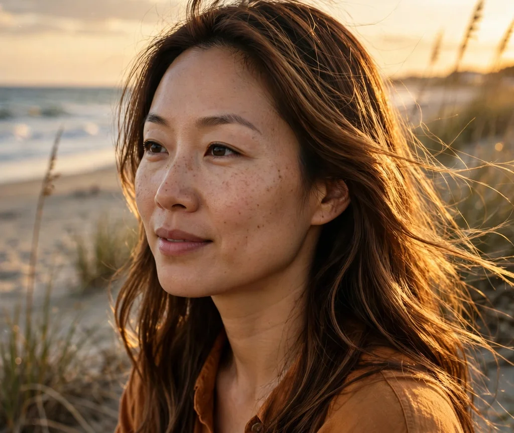 Woman with golden hour brown hair on a beach at golden hour