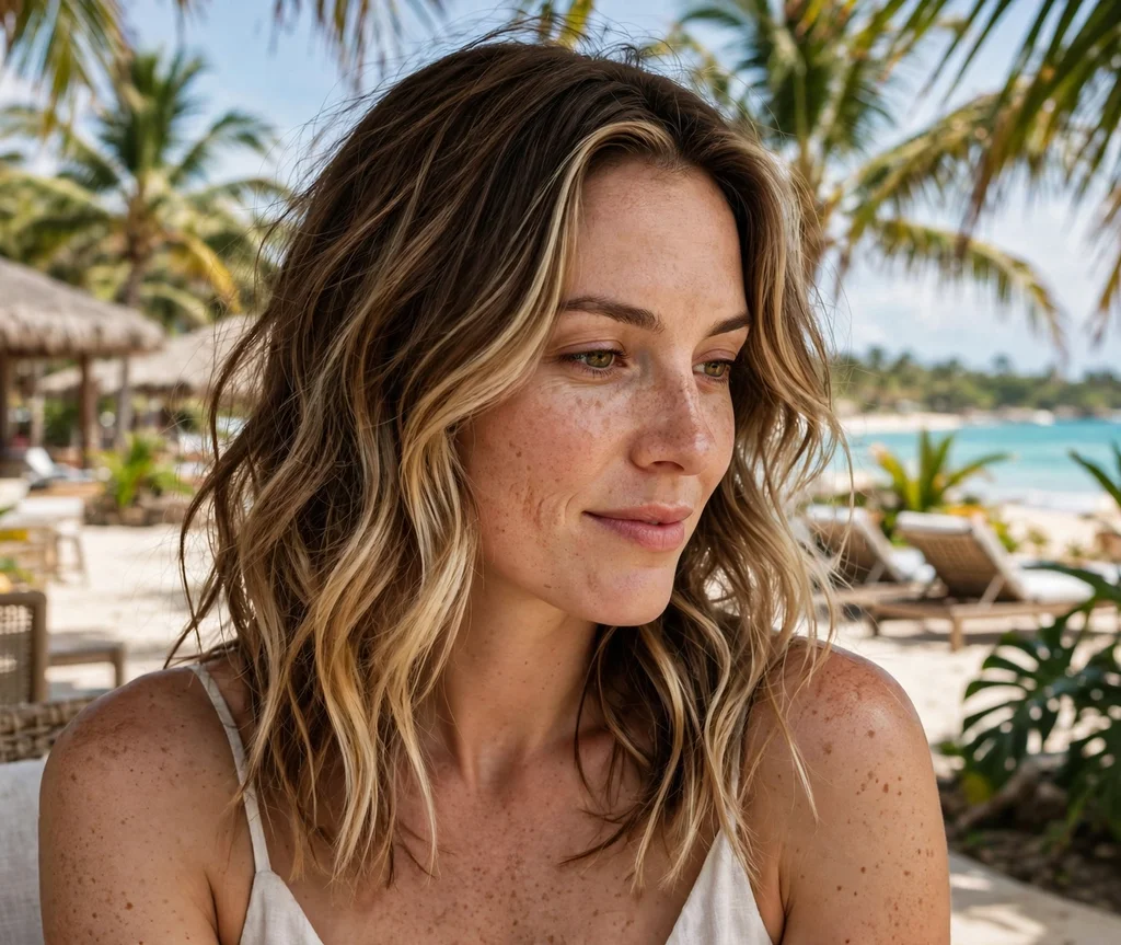 Woman with chocolate coconut balayage at a tropical beach resort