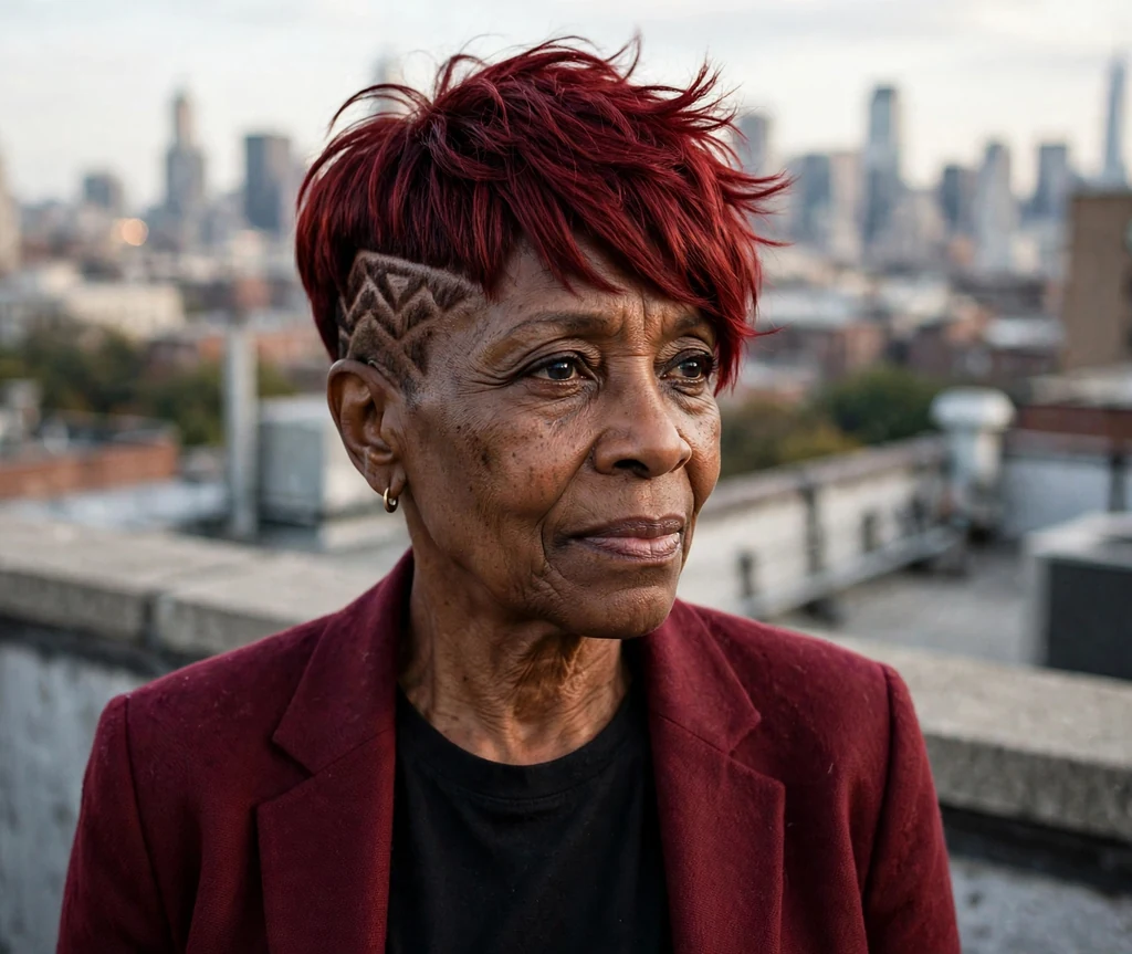 Black woman in her early sixties with a deep-red asymmetric pixie with one shaved side with a carved design