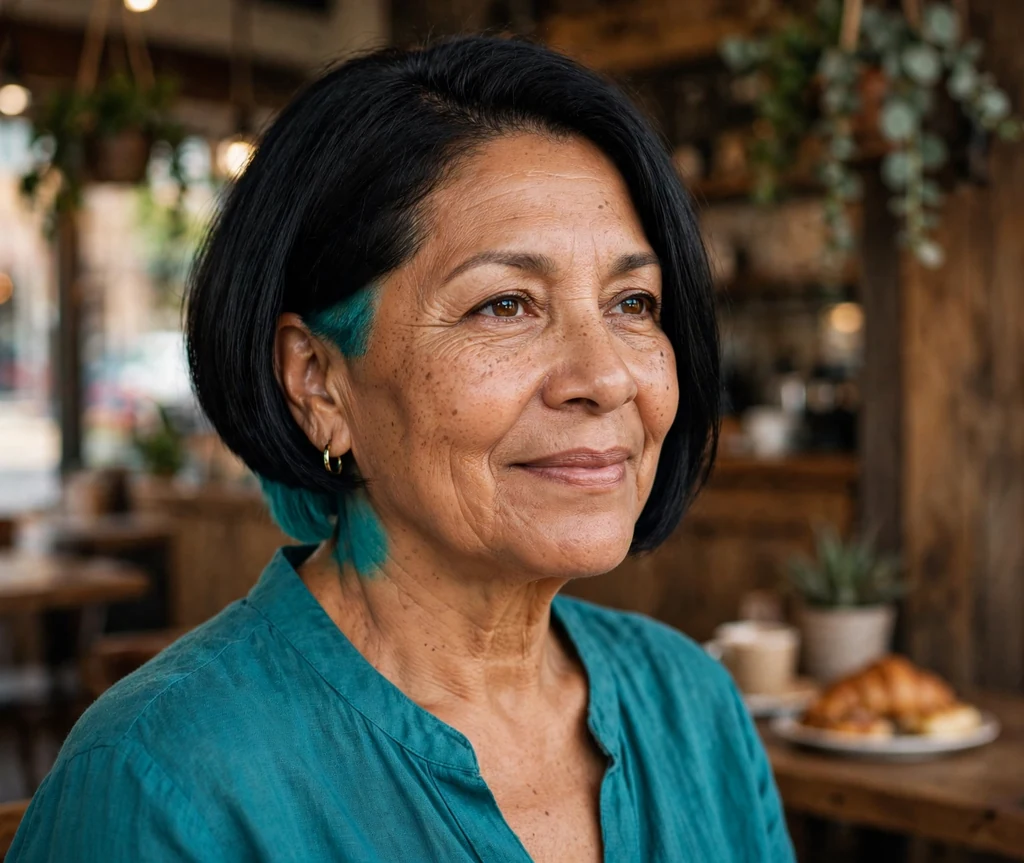 Latina woman in her late fifties with a sleek black bob with a teal undercut nape