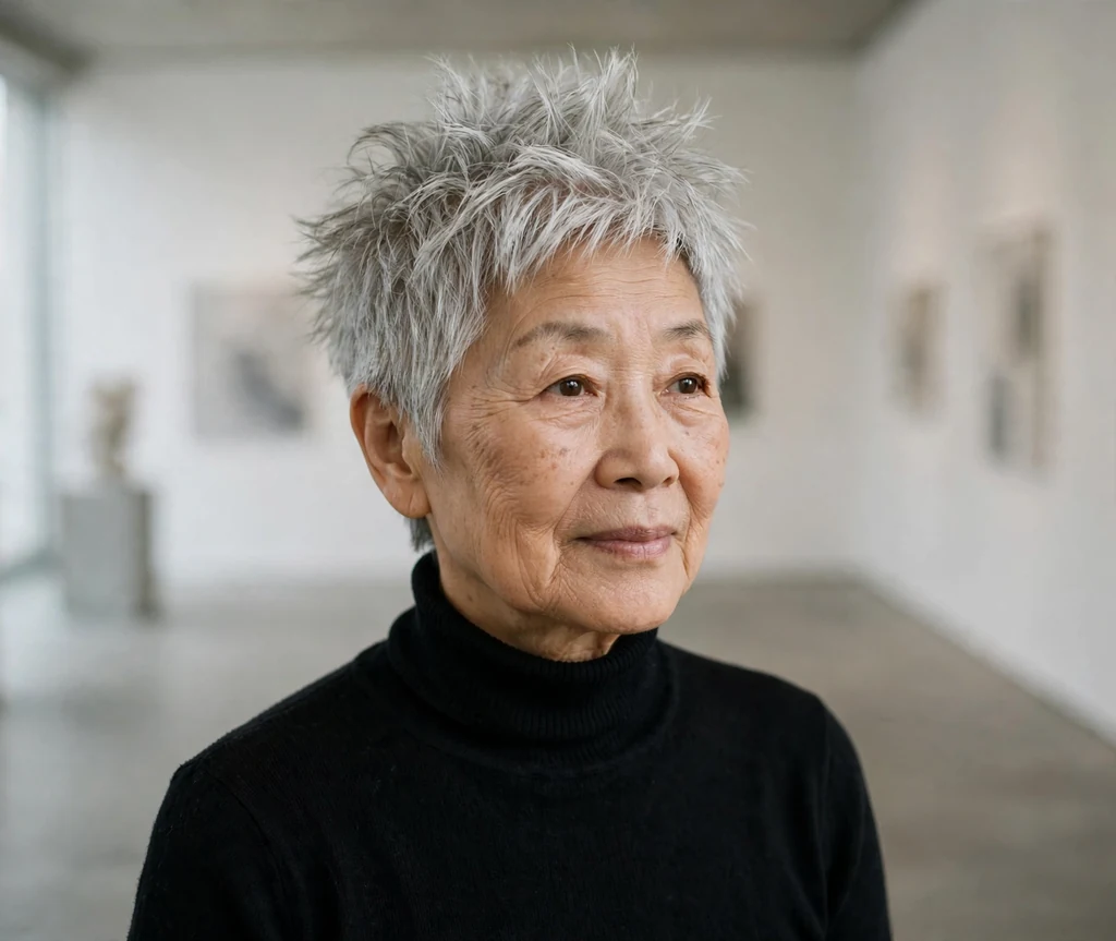 East Asian woman in her mid sixties with a silver spiky textured crop