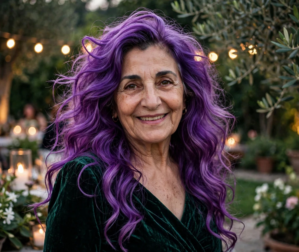 Middle Eastern woman in her early sixties with long purple mermaid waves