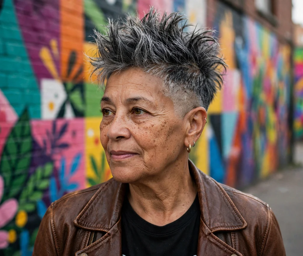Mixed-race woman in her late fifties with a salt-and-pepper faux hawk
