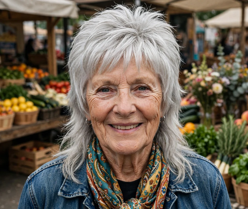 White woman in her early seventies with a silver mullet with layered length at the back