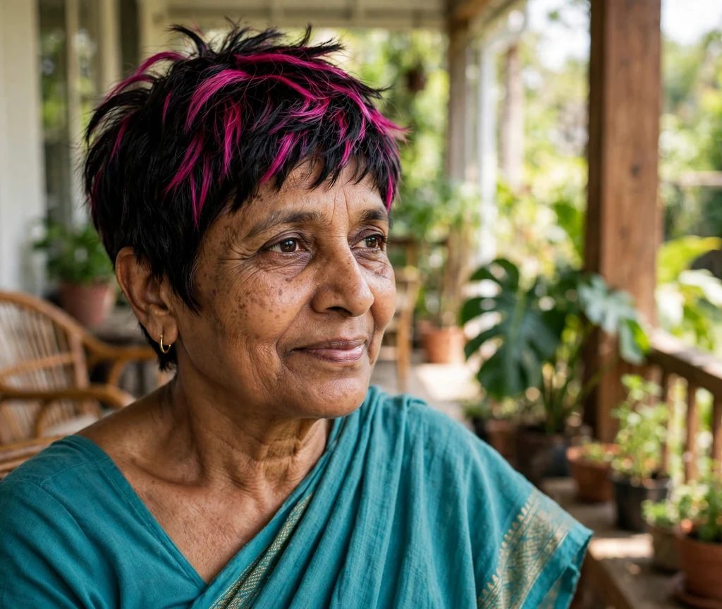 South Asian woman in her mid sixties with a black pixie with bold magenta streaks