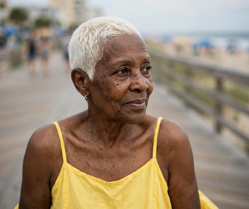 Black woman in her late sixties with a bold platinum blonde buzz cut