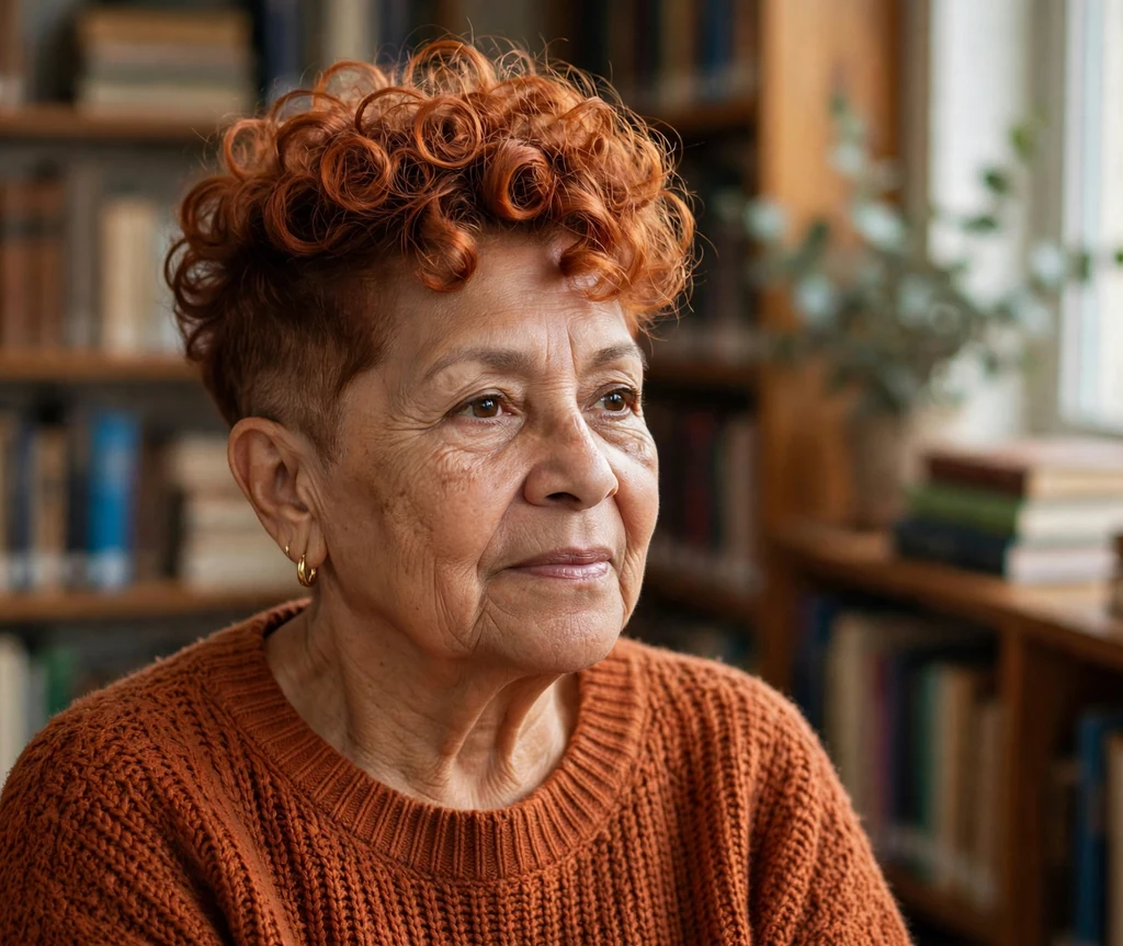 Latina woman in her early sixties with copper curly ringlets on top with tapered sides