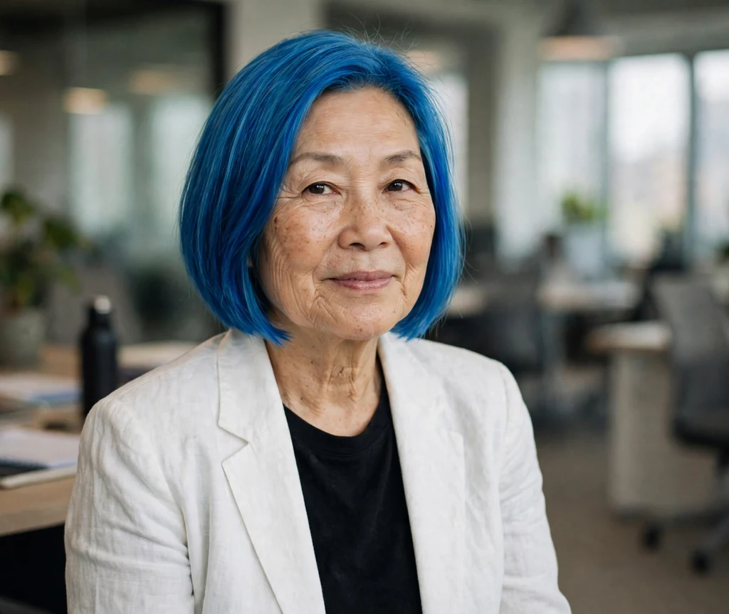 East Asian woman in her late fifties with a straight electric blue chin-length bob