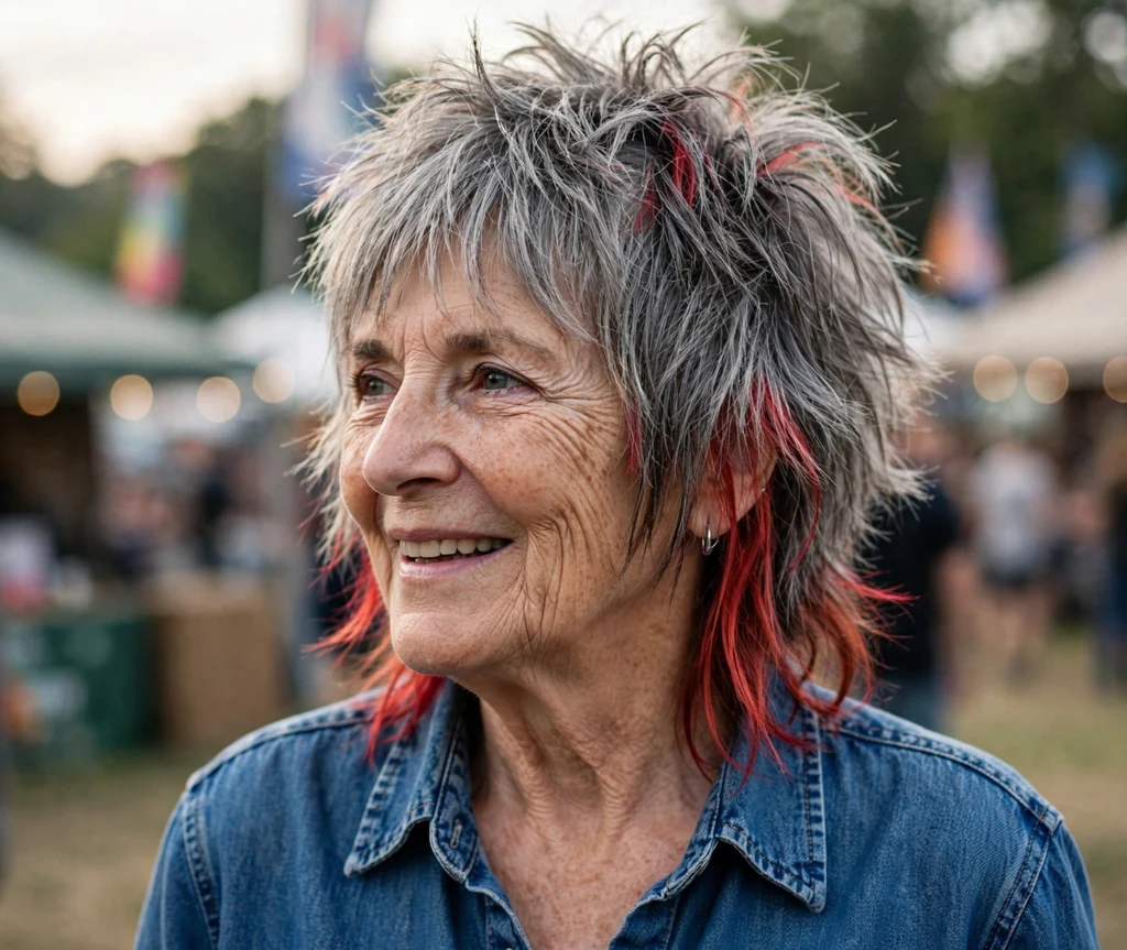 White woman in her mid sixties with a choppy shag with red peekaboo highlights underneath