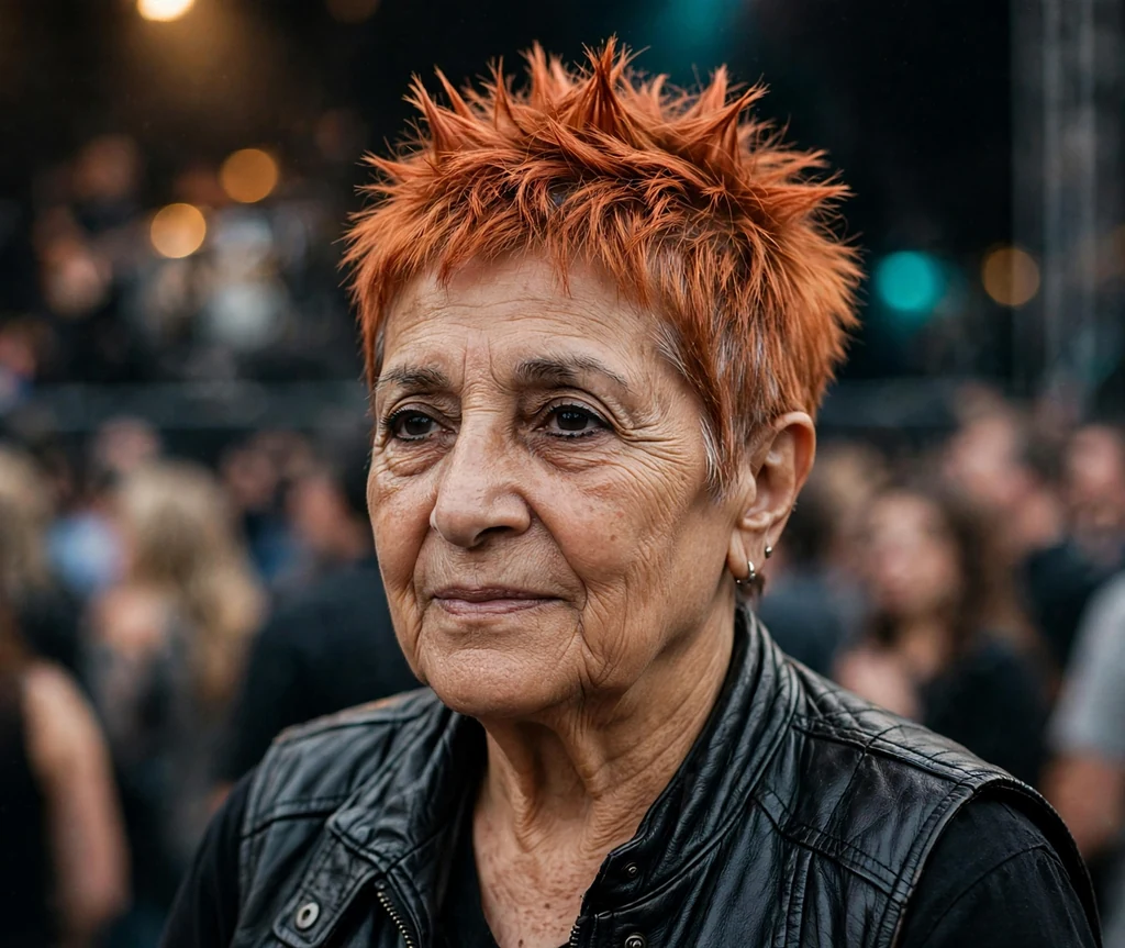 Middle Eastern woman in her early seventies with a copper-colored punky spiked pixie