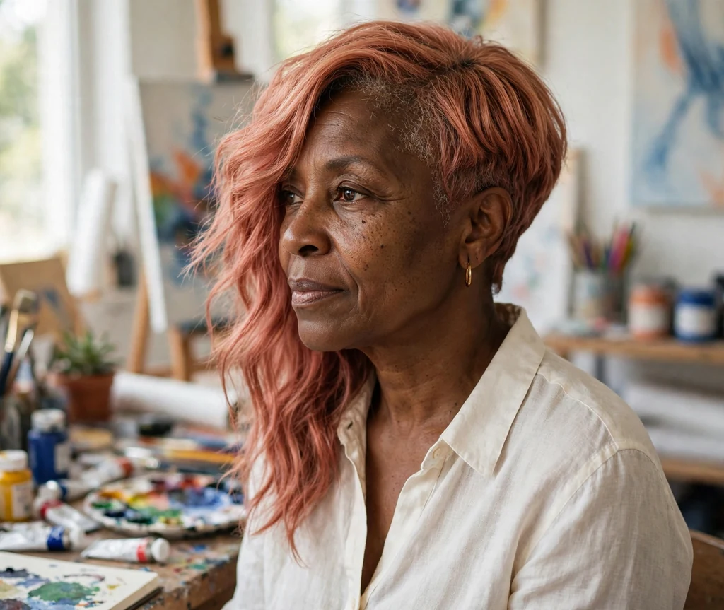 Black woman in her mid fifties with a rose gold asymmetric lob