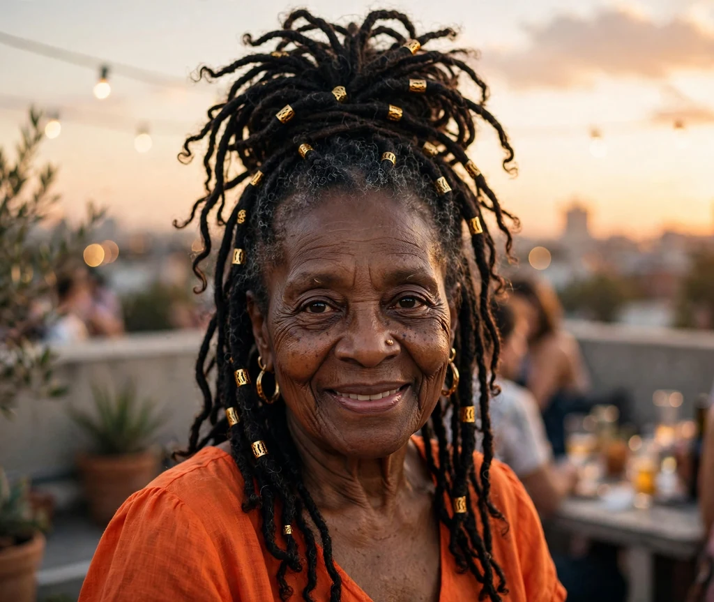 Black woman in her early sixties with long faux locs in a high updo with gold hair cuffs